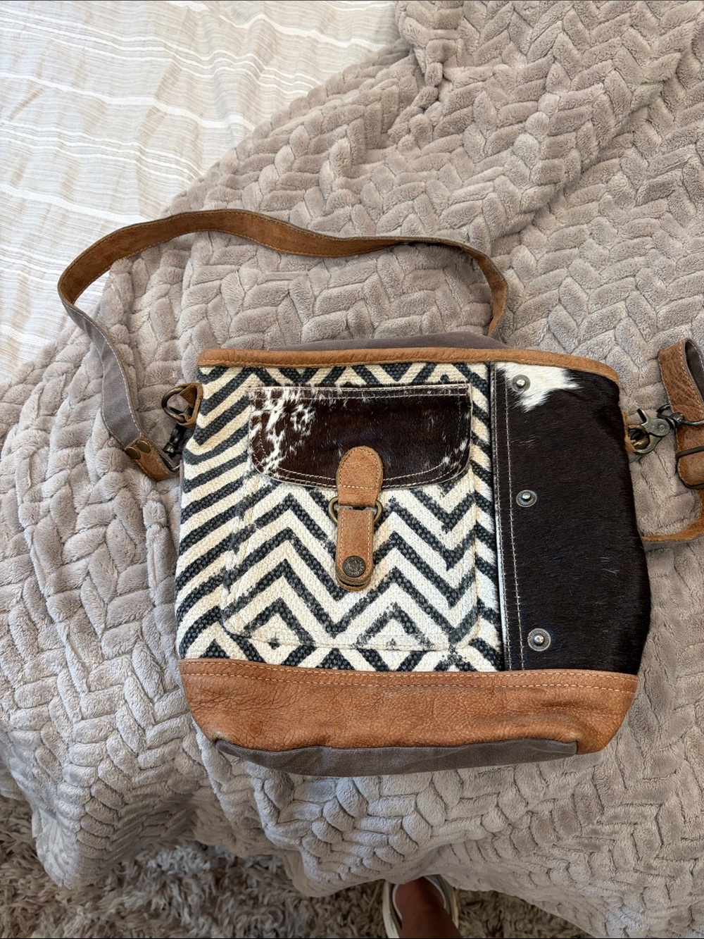 Myra Crossbody Canvas & Leather Chevron Bag in Black, White & Brown